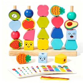 Julanpo Montessori Educational Toy, String Threader, Wooden Puzzle, 16 Patterns Challenge Cards, Logical Thinking, Precission, Spatial Recognition, 20 Animal Blocks, 3 Years, 4 Years, 5 Years, 6 Years