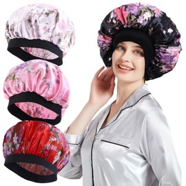 KEYRI 4 Pcs Soft Adjustable Satin Silk Bonnet Hair Wrap for Night Sleeping Hair Care Cap Head Cover Wide Elastic Band Unique Flower Design Curly Hair Protection