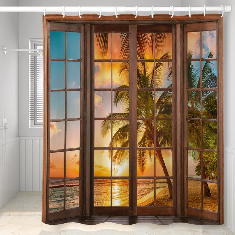 Umpoo Tropical Ocean Beach Shower Curtain Rustic Wood Window View