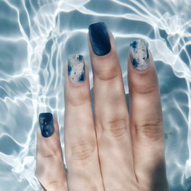 Allereya Ocean Pattern Press On Nails Long Oval Fake Nails Shimmer French Ballerina Nails Clip On Nails Full Cover Acrylic Nails Prom Nails Tips for Women and Girls 24 Pieces