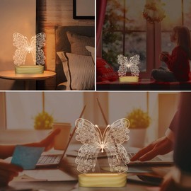3D Optical Illusion Lamp Butterfly Night Light for Kids Baby Girl Bedroom Decor Gifts,Soft Warm White Colors Wooden Base Bedside Table Lamp