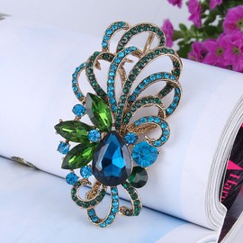 Flyonce Austrian Crystal Art Deco Floral Bridal Drop Pendant Brooch Blue Gold-Tone