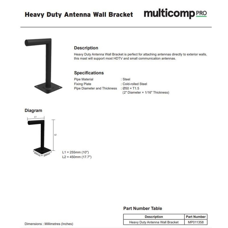 multicomp Pro Antenna Mounting Kit, Antenna Wall Bracket, Standoff, 10"