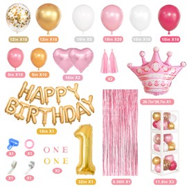Amandir 1st Birthday Decorations for Girls 'ONE' Boxes, Pink Gold Confetti Balloons, Happy Birthday Banner, Fringe Curtain, Crown Number Foil Balloons Baby Girl First Birthday Party Supplies Backdrop