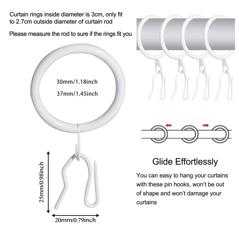 60 Pcs Metal Drapery Rings & Curtain Hooks, 30 mm
