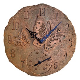 Lily's Home Hanging Wall Clock, Includes a Thermometer, Ideal for Indoor and Outdoor Use, Wonderful Housewarming Gift for Friends, or for Any Butterflies Lovers, Polyresin