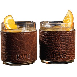 The Gentleman Rocks Glass & Sleeves ~ Shrunken Bison Leather - Set of Two Wraps & Glasses