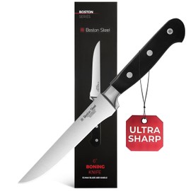 Boston Steel Boning Knife 6 Inch 5CrMoV Carbon Stainless Steel Sharp Full Tang Kitchen Fillet Knife with ABS Ergonomic Handle Design for Meat Cutting, Kitchen Knives in Premium Gift Box