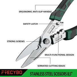 Aviation Tin Snips Straight Metal Cutter, Serrated Shape, Wire Stripper, Non-slip Handle, Heavy Duty Shears for Cutting Wires, Cardboard, Iron Wire, Plastic, Carpet, Leather (Upgraded-B)