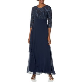 Alex Evenings Women's Long Lace Top Empire Waist Dress, New Embroidered Navy, 8