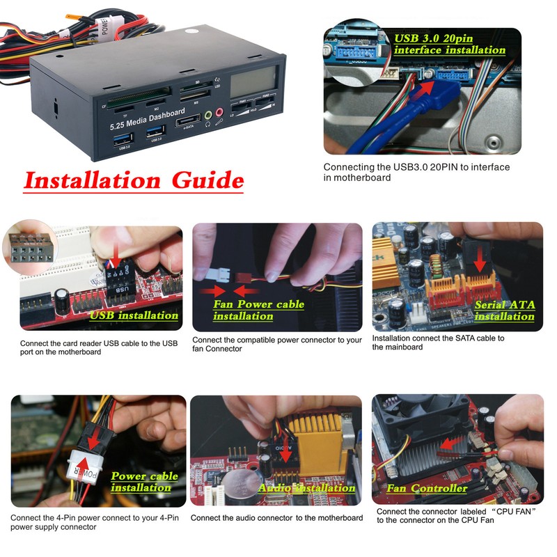 Media Dashboard USB3.0 Front Panel Hub LCD Display Optical Drive