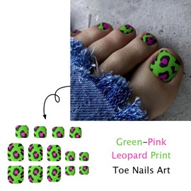 Red Black Leopard Press on Toenails Short Square Glue on Toenails with Green Design Summer Fake Toe Nails Spring False Toenails Reusable Full Cover Stick on Toenails for Women Girls Manicure 24Pcs