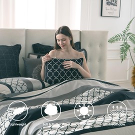 LANCO MODERN LIFESTYLE California King Comforter Set, Black Gray Bedding Set, Jacquard Woven with Embroidery, 8 Pieces Bed in a Bag, Bed Skirt, Shams and Decorative Pillows