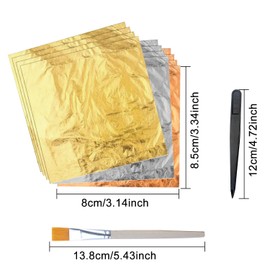 Gold Leaf Sheets, 300 Pieces Imitation Rose Silver Gold Leaf Sheets Multi Color Leaf Paper for Crafts Foil Flakes for DIY Art Decoration, Nails, Handicrafts, Painting, Resin (with Tweezer and Brush)