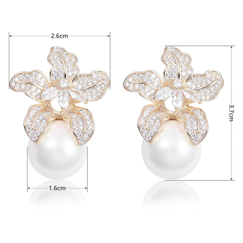 Blooming Flower Drop Cubic Zirconia Big Round Pearl Stud Earrings