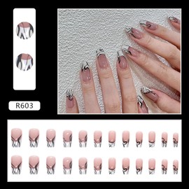 Medium Length Press on Nails, 24PCS Full Cover Reusable Artificial Acrylic for Women, French Zebra Stripes Design, Glue on False Nails Kit