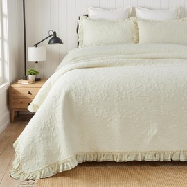 Brandream King Size Quilt Set Cotton Cream Pale Yellow Quilts Cottagecore Bedding All Season Ruffle Bedspread 3-Piece