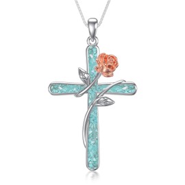 Flpruy Rose Cross Necklace for Women 925 Sterling Silver Turquoise Cross Pendant Rose Jewelry Gifts for Mom