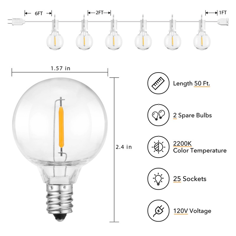 Brightown Outdoor String Lights, 50FT 25 G40 Bulbs Shatterproof Patio