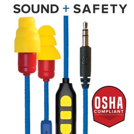 Plugfones Protector Plus VL in-Ear Earplug Earbuds, Noise Reduction Headphones with Noise Isolating Mic and Controls, Blue & Yellow