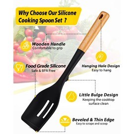 Pack of 2 Large Silicone Cooking Spoons, Heat Resistant Non Stick Kitchen Utensils with Wooden Handle, Ideal for Mixing, Stirring, Serving, Cooking(BLACK)