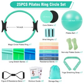 Pilates Equipment Kit for Home Workout, Pilates Ring and Ball Set for Women, 14'' Magic Circle Essentials Accessories Kit with Wrist Weights, Resistance Bands, Yoga Strap, Core Sliders, Socks, Bag