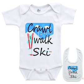 Crawl Walk Ski -Cute Snow Skiing winter sports Baby bodysuit onesie & bib Set