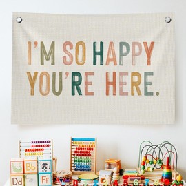 QROZIAR Colorful Classroom Wall Decor, Rainbow Retro Canvas Hanging Banner Decor, I'm So Happy You're Here Sign, Linen Banner Wall Flags for Nursery Kids Room Guest Hallway Decor