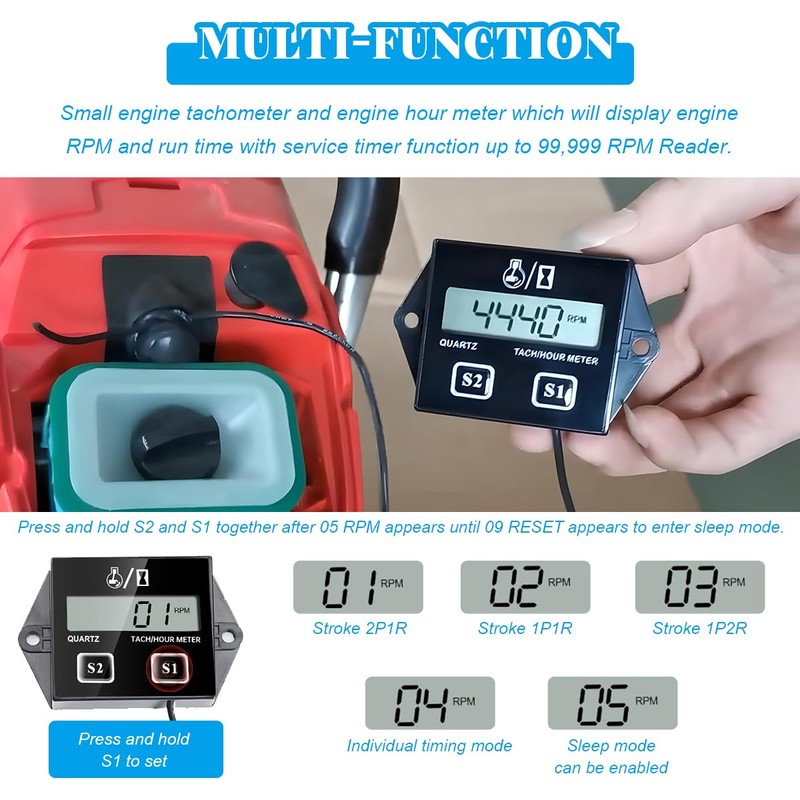 BWBWND Small Engine Tachometer, Waterproof Inductive Hour Meter for 2