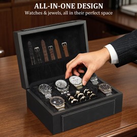 KAMIER Watch Box for Men, 6-Slot High End Wooden Watch Case with Jewelry Organizer, Watch Box Holder Organizer for Men Women, Watch Storage Box with Soft Velvet Pillows, Ideal for Gift