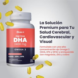 DREIZOL Omega 3 2400 mg DHA Hohe Dosierung 1.280 mg + EPA und DHA - Formuliert mit reinem Fischöl in Triglyceridform - Unterstützt die normale Gehirnfunktion - 60 Kapseln