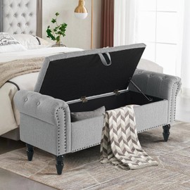Furnibetter 51”Storage Ottoman Bench, Upholstered End of Bed Bench Storage Bench with Button-Tufted Large Bedroom Bench Accent Bench Indoor Bench for Living Room, Linen, Grey