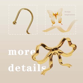 Dylrauoza Gold Bow Shower Curtain Hooks, 12 Pack Coquette Bathroom Decor, Decorative Metal Rust Proof Shower Curtain Rings for Feminine, Vintage & Luxury Bathroom Aesthetic