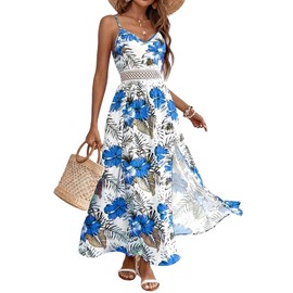 Women's Spaghetti Straps Floral Maxi Dress Boho Summer Sleeveless V-Neck Flowy Dress for Beach Hawaii Vacation （Blue,Small）