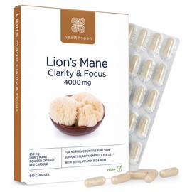 healthspan Healthspan Lion's Mane Clarity & Focus (60 Capsules) | Stay Sharp and Focused | 4000mg Lion's Mane Mushrooms | Supports Energy and Cognitive Function | with biotin, Vitamin B12 and Iron