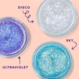 Unicorn Snot Face & Body Glitter Set - Cosmetic-Grade Holographic Gel Makeup Kit for Festivals, Raves, Cosplay - Safe for Face, Easy Application & Removal, 1.7oz (3 Pack, Disco, Sky, Ultraviolet)