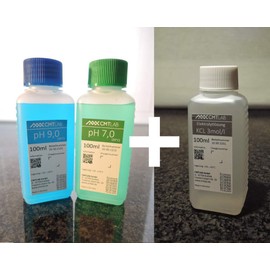 pH + KCL Buffer Solution, Set 100 ml, pH 7 + PH9 + KCl 3 mol, Industrial Quality, Made in Germany