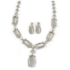 Bridal Clear Crystal Oval Cat Eye Stone Y-Necklace & Stud Earring Set/Rhodium Plated Metal/ 48cm L/ 5cm Front Drop