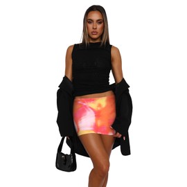 Hafailia Womens Printed Mini Skorts Summer Y2K Beach Vacation Outfits Pencil Bodycon Boho Skirts with Shorts Underneath 2025 Pink Orange Tie Dye M