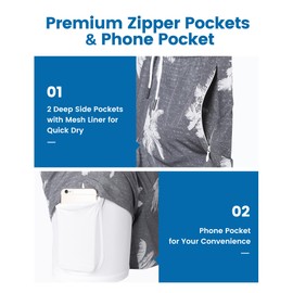 maamgic Mens Swim Trunks with Compression Liner 5" Stretch Beach Shorts Quick Dry with Zipper Pockets No-Chafing Board Shorts Gray-Palm Tree M