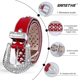 SANSTHS Women Rhinestone Belt for Jeans, Western Cowgirl Bling Studded Belt Faux Crocodile Grain Leather, Red M