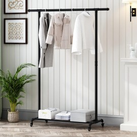 FONECHIN Industrial Pipe Clothing Rack, Heavy Duty Metal Clothes Rack With Wheels, Rolling Garment Rack with Bottom Shelf for Home Boutique Use (Black)