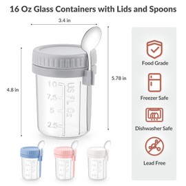 4 Pack Overnight Oats Containers with Lids and Spoons - DRKIO 16 Oz Glass Mason Jars for Overnight Oats Leak Proof Oatmeal Container Great for Cereal Fruit Vegetable Milk Salad Yogurt Meal Prep