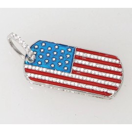 Unbranded Sterling Silver 925 American Flag Enamel DogTag CZ's Pendant Charm 5.2 Grams