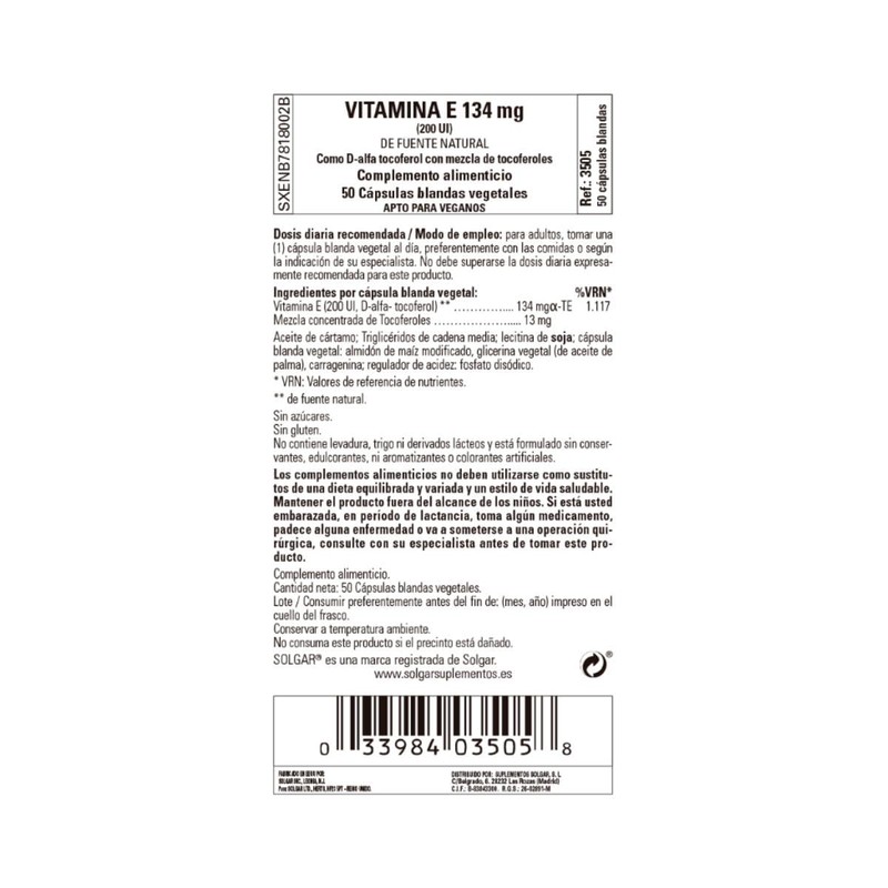 Solgar Vitamin E 134mg 200 UI 50 Vegetable Softgels