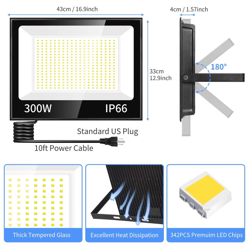 ISUERFY 300W LED Flood Light Outdoor with Plug, 36000LM Ultra