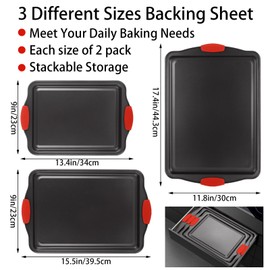 YAYODS 2 Pack Baking Sheet Set of 3, Nonstick Carbon Steel Cookie Sheet Set for Barking with Silicone Handles, 3 Sizes Black Baking Sheets Pan Tray for Kitchen Oven