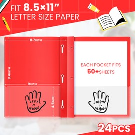 Henoyso 24 Pcs 2 Pocket Take Home Folders Parent-Teacher Communication Plastic Homework Folder with 3 Clear Pockets and 3 Prongs for School Office, 11.8 x 9.45 Inch(Red)