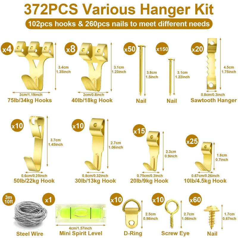 modacraft 372PCS Picture Hooks for Frames, Hanging Kit with Hangers,