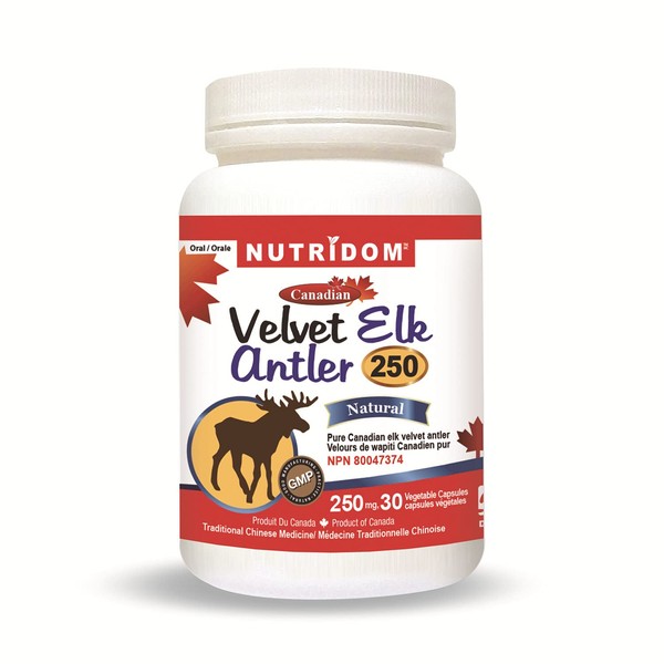 Nutridom Velvet Elk Antler Supplement, 100% Canadian, Freeze-Dried, Non-GMO, NO Additives, Gluten Free, Vegetable capsules, Made in Canada (30 Count)
